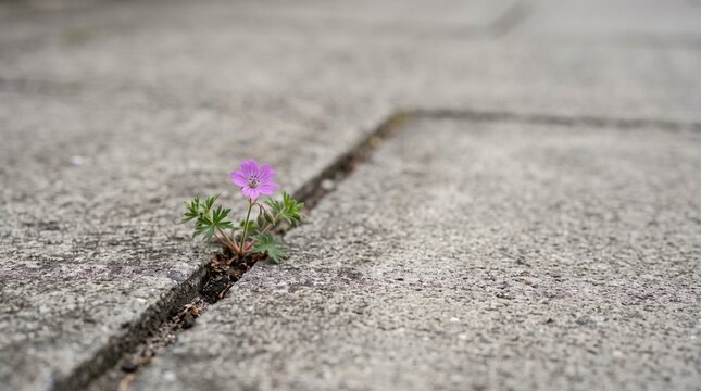 Small purple wildflower growing through a crack in a concrete sidewalk pavement.