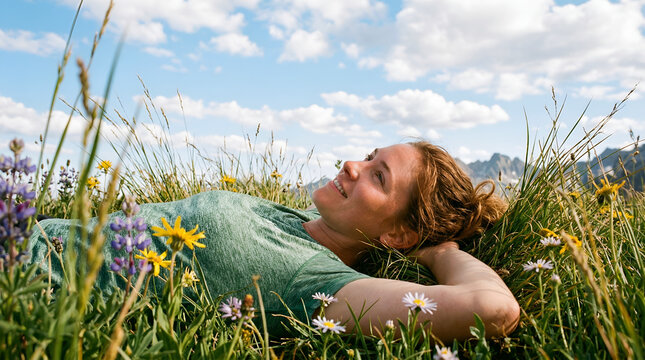 Peaceful woman lying comfortably in green grass field looking towards sky
