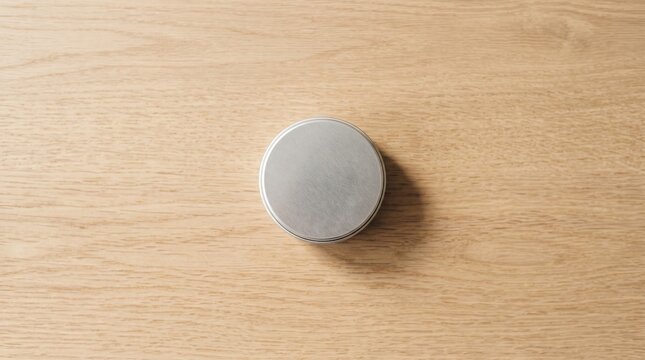 Solid perfume tin on light wood background, minimalist top-down beauty product shot.