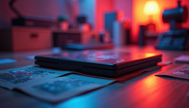 Credit card payment close-up with stacked contactless cards on wooden table, shallow depth of field with blurred card reader and warm neon bokeh, credit card payment showcasing chip,