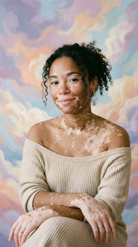 Smiling woman with vitiligo skin condition posing on colorful background