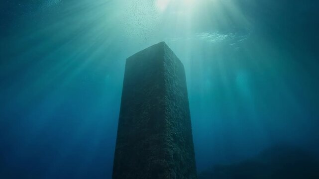 Ancient Monolith underwater with sun rays piercing the deep blue ocean surface