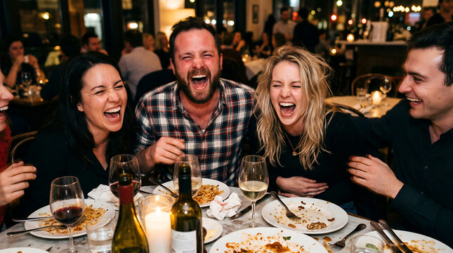 Group of cheerful friends laughing together at dinner table inside restaurant