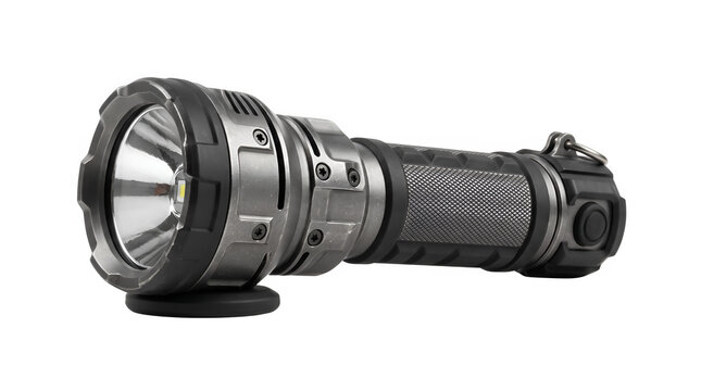 Tactical LED flashlight, heavy duty metal torch for camping and security, high power portable searchlight on white background