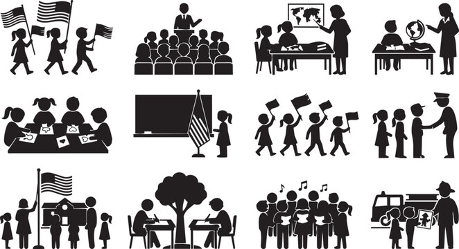 Set of black silhouette showing children in school settings, classroom activities, flag ceremonies, and educational environments