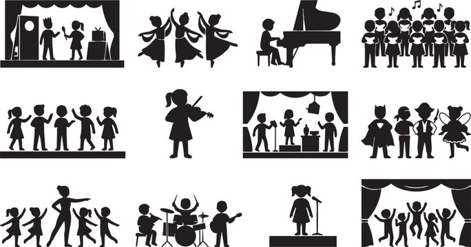 Set of black silhouette showing children performing on stage, school plays, musical recitals, dancing, and classroom talent