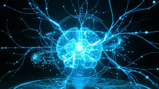 Digital human brain hologram with neural network connections and circuitry data visualization