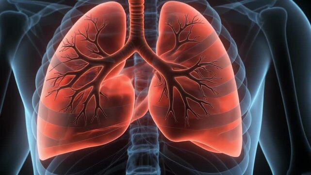 Animated human lungs inflating and deflating with visible bronchioles during respiration in medical animation
