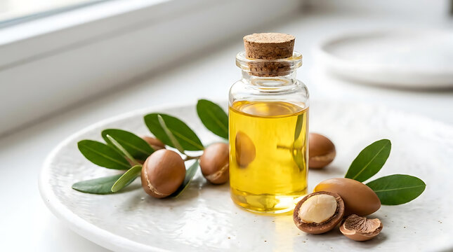 Bottle of argan oil with nuts on plate.