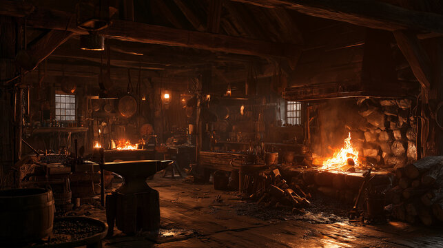 Blacksmith forge interior with an anvil and a glowing hearth