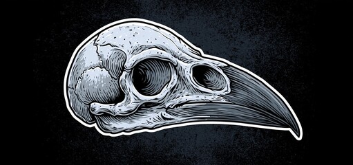 Fototapeta premium On a dark textured background, a detailed drawing of a raven skull creates a spooky, haunting vibe.