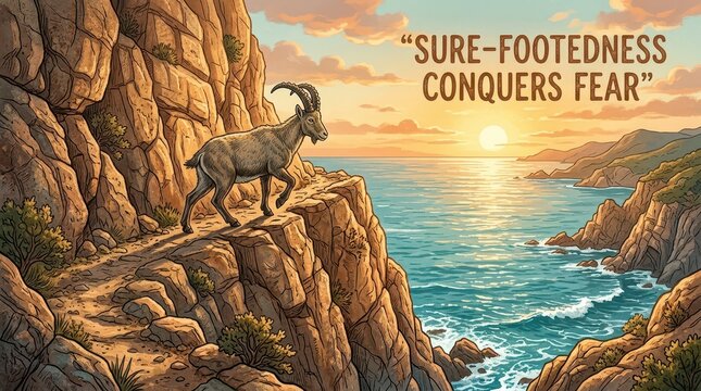 A sure-footed ibex walks on a narrow mountain path overlooking a scenic ocean sunset, symbolizing overcoming fear and achieving balance.