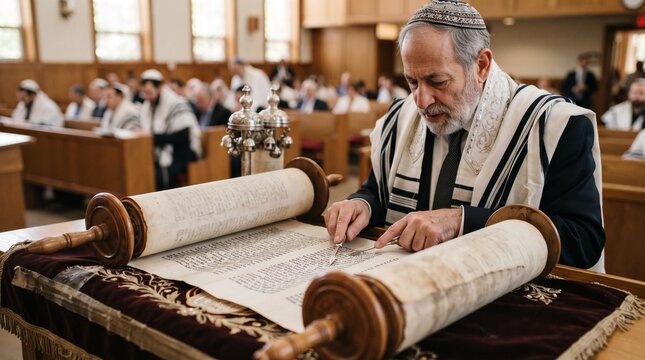 Jewish man reading from the Torah scroll during a religious service in a synagogue