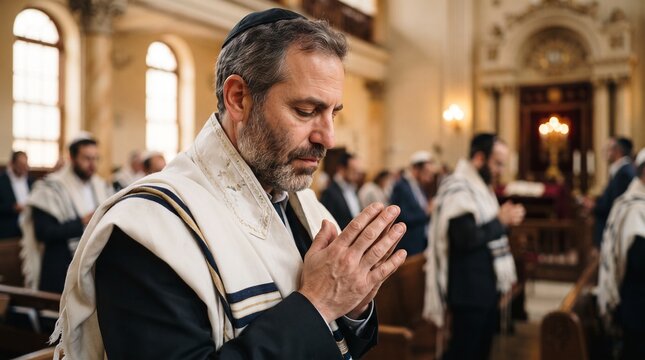 Jewish man praying in synagogue wearing tallit and kippah during religious service