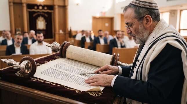 Jewish man reading from a Torah scroll during a religious ceremony in a synagogue