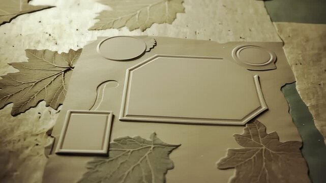 Ceramic clay slab with embossed geometric shapes and leaf patterns resting on a rustic workbench for pottery craft