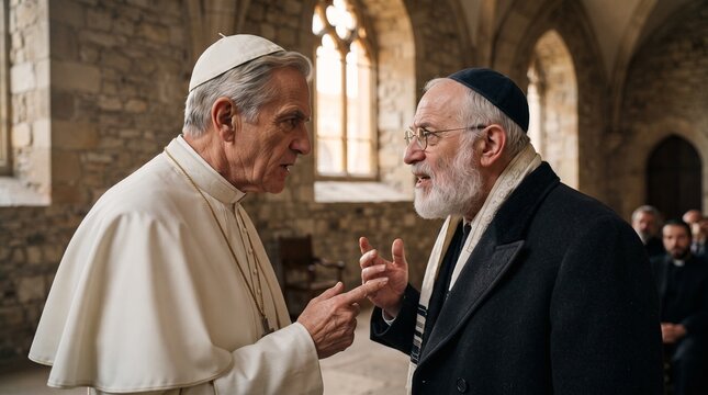 Pope and Rabbi in serious interfaith dialogue inside a historic stone cathedral interior.