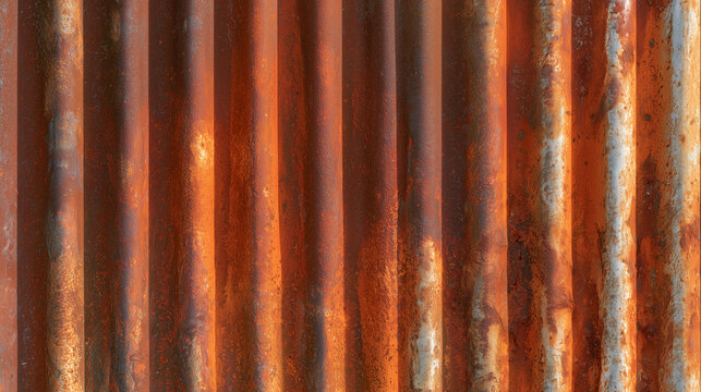 Rusted corrugated iron sheeting with parallel ridges of orange corrosion