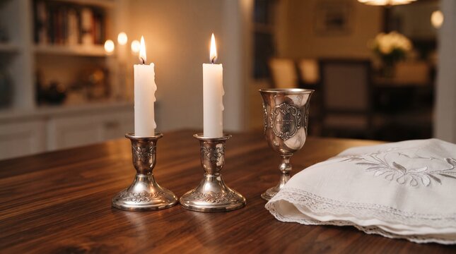 Two lit Shabbat candles in silver candlesticks with a kiddush cup on a wooden table