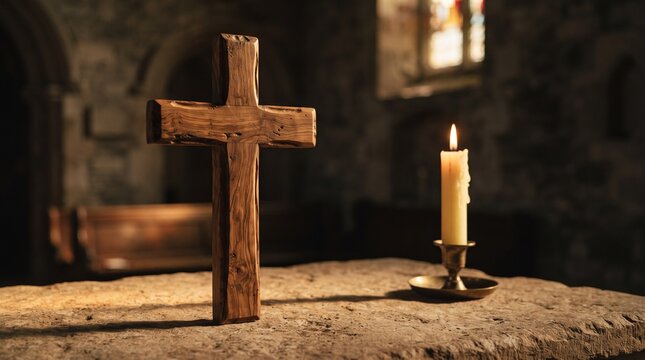 Wooden Christian cross and burning candle on stone altar in dark church interior