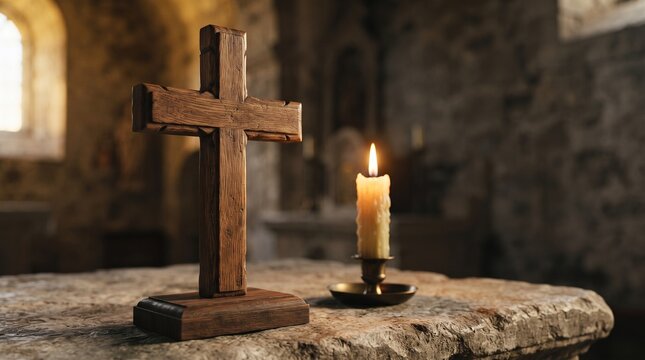 Wooden Christian cross and burning candle on stone altar in a dim church interior.