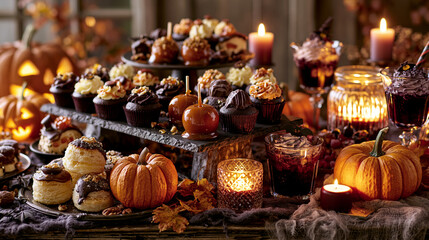 Naklejka premium Elegant Purple Halloween Dessert Table With Cupcakes Pumpkins And Berries 