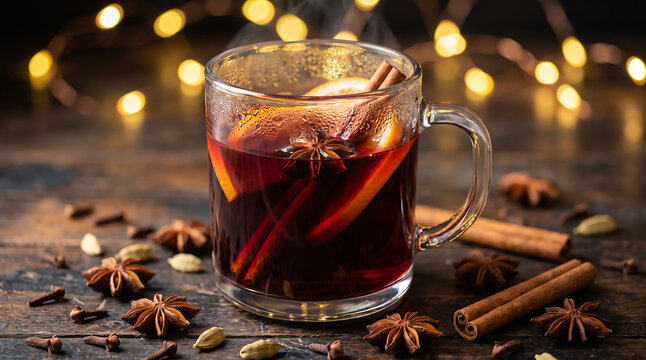 Steaming hot mulled wine in rustic glass mug with spices and orange wheels