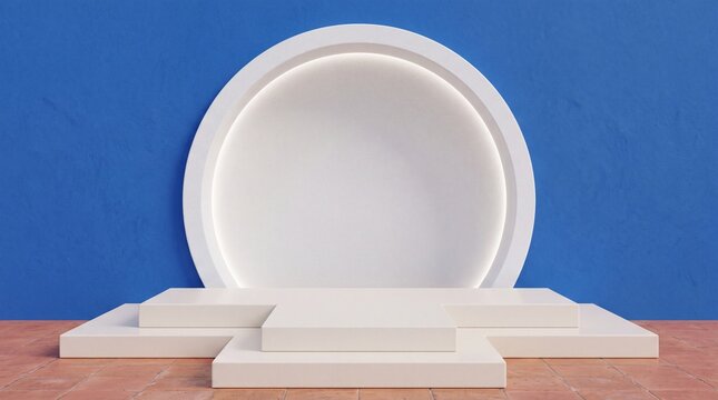 Symmetrical 3D Interior Stage with T Shaped Porcelain Podium and Blue Wall for Product Display