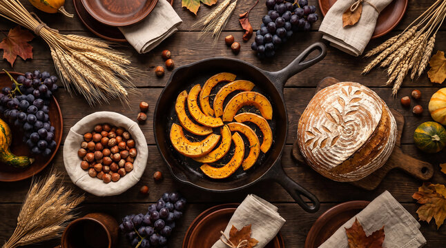 Rustic autumn harvest table with roasted pumpkins nuts and artisan sourdough bread