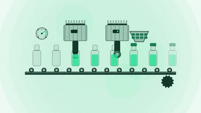 Abstract animated bottling line capper drawn as green and teal lines and shapes on a bright, clean light background. Seamless looping 4K motion graphics video with free space for text, ideal for title