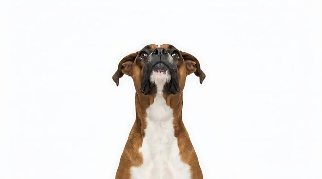 Boxer dog looking upwards on plain white background.
