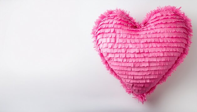 Close-up of pinata in shape of a pink heart on white background with copy space
