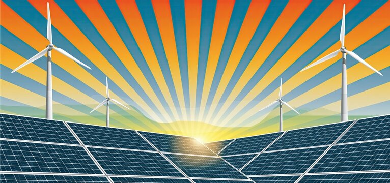 A bright sunrise behind solar panels and wind turbines highlights India's commitment to sustainable energy for Akshay Urja Day.