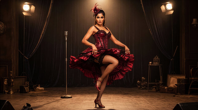 Glamorous Vintage Cabaret Dancer Performing on Theater Stage in Sequined Red Costume