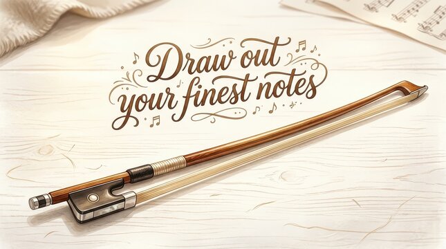 Elegant violin bow resting on a light wooden surface with musical notes and the phrase "Draw out your finest notes".