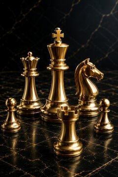 Gold chess king surrounded by chess pieces on a luxury board representing leadership, power and business strategy