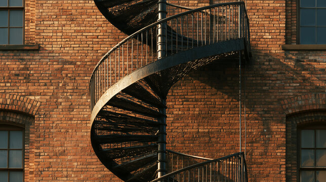 Spiral iron fire escape staircase against a plain brick wall seen from below