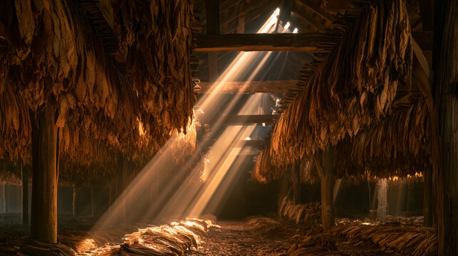Tobacco drying barn interior with leaves hanging in rows from timber beams