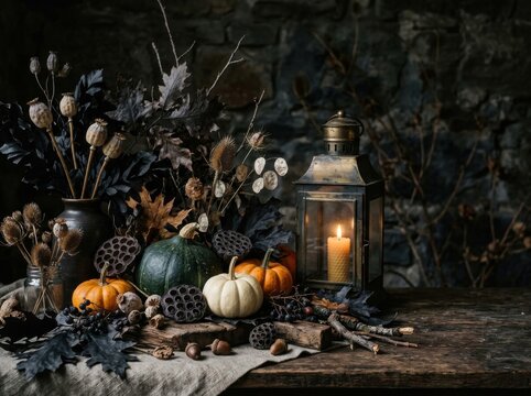 Charming autumn harvest scene featuring pumpkins dried leaves lanterns rustic outdoor setting