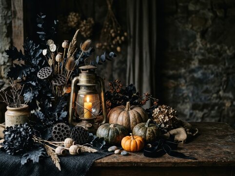 Charming autumn still life featuring lantern pumpkins dried flowers set against rustic wooden table