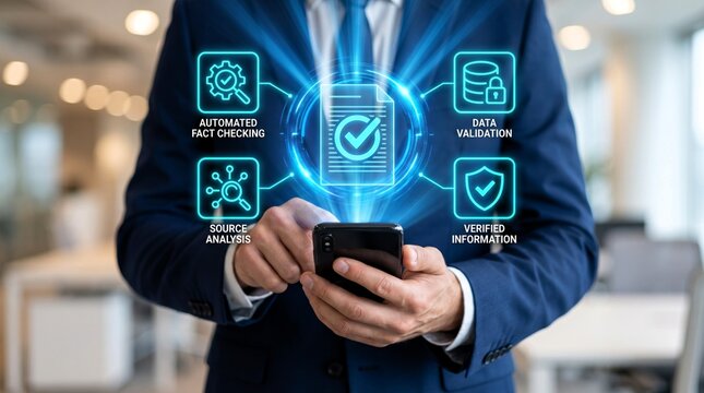 Professional businessman uses modern smartphone to access glowing holographic interface displaying automated fact checking and secure data validation digital analytics software