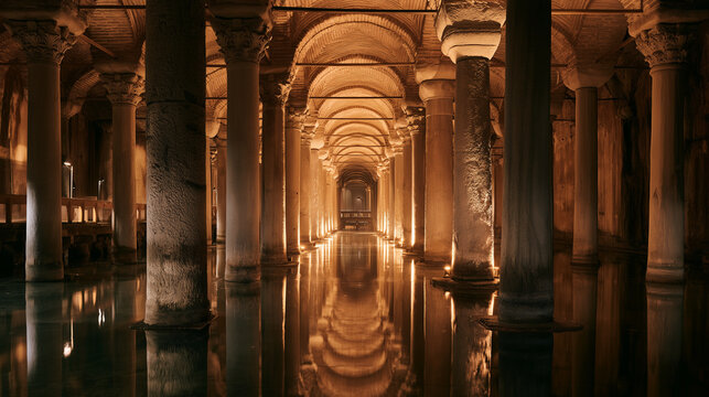Underground cistern with rows of stone columns reflected in still water