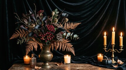 Obraz premium Chic autumn floral display featuring candles set against dark velvet backdrop creating warm inviting ambiance