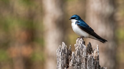Naklejka premium A beautiful tree swallow perched on a weathered wooden fence post in a natural forest setting