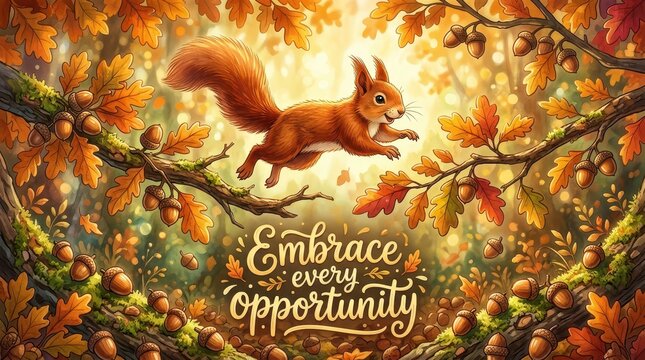 Cute cartoon squirrel jumping between branches in an autumn forest, surrounded by acorns and oak leaves, with inspirational text