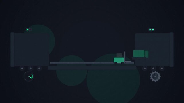 Abstract animated cross dock transfer drawn as cyan and teal lines and shapes on a deep dark background. Seamless looping 4K motion graphics video with free space for text, ideal for industry explaine