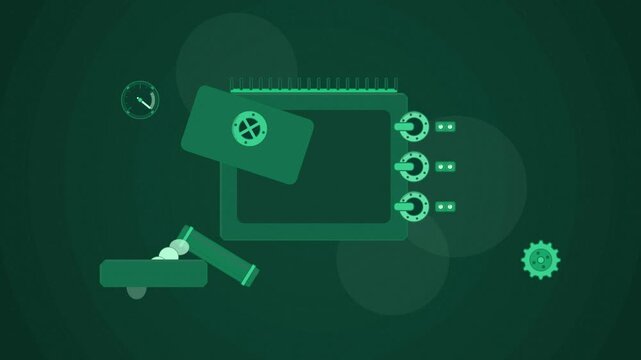 Abstract animated escrow conditional release drawn as green and teal lines and shapes on a deep dark background. Seamless looping 4K motion graphics video with free space for text, ideal for business 