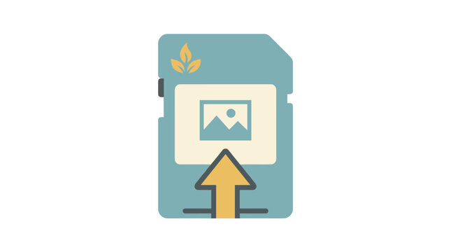 Modern flat vector illustration of an SD card with upload arrow and leaf icon for eco-friendly digital storage