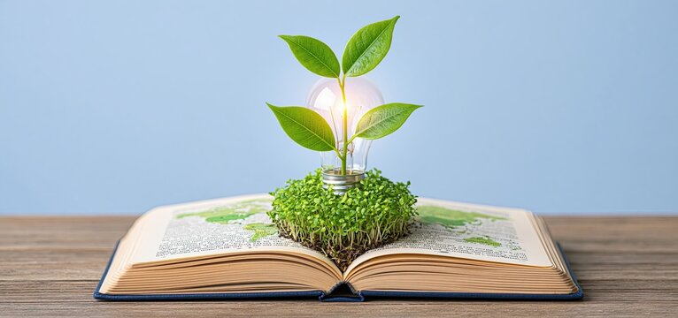 A glowing lightbulb, sprouting leaves, and a world map arranged around an open notebook representing global learning and innovation.