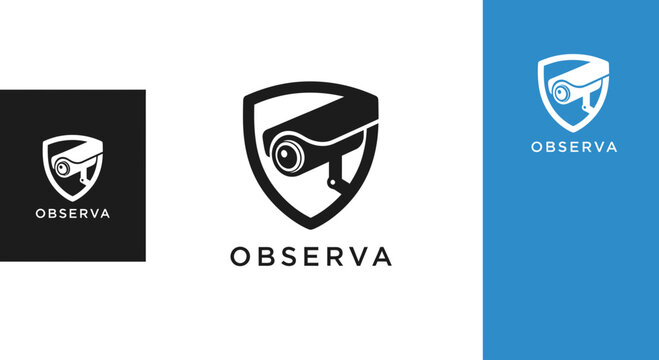 Security Camera Logo with Shield and Text OBSERVA Isolated